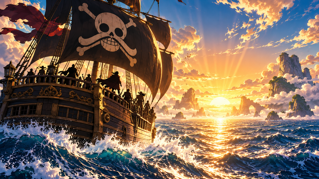 Legendary pirate ship sailing toward a glowing dawn for the Roger Pirates