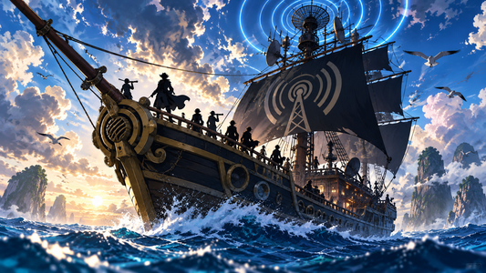 Pirate ship with signal antenna crossing blue waves for the On Air Pirates