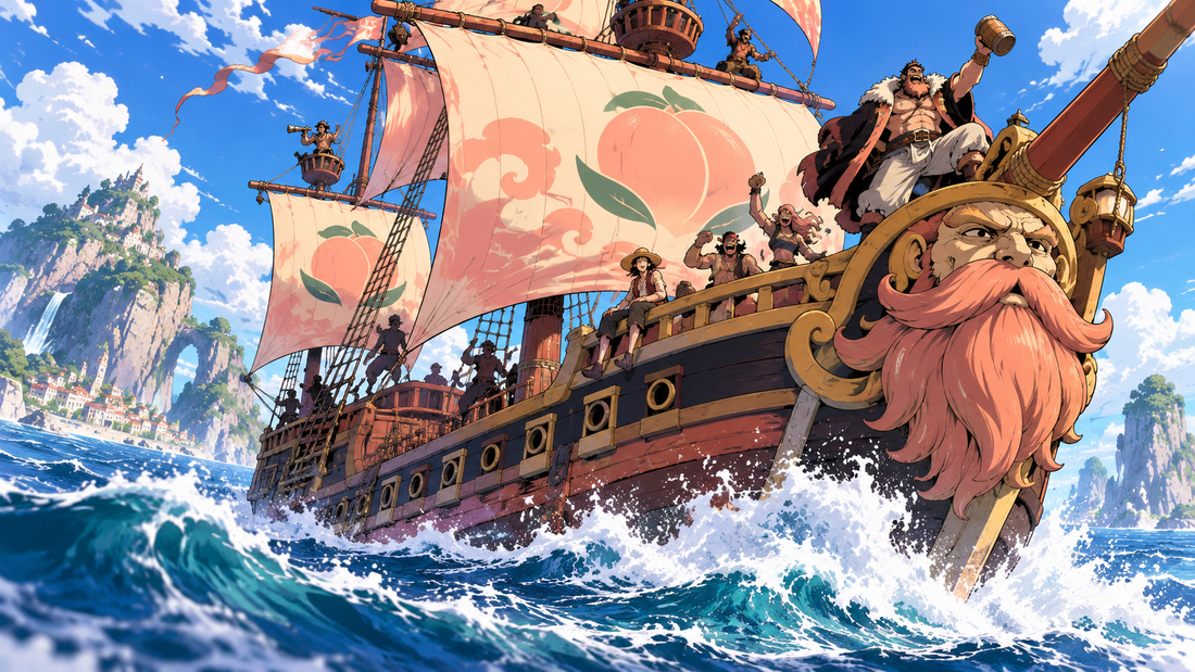 Peach-sailed pirate ship crossing rough seas for the Peachbeard Pirates