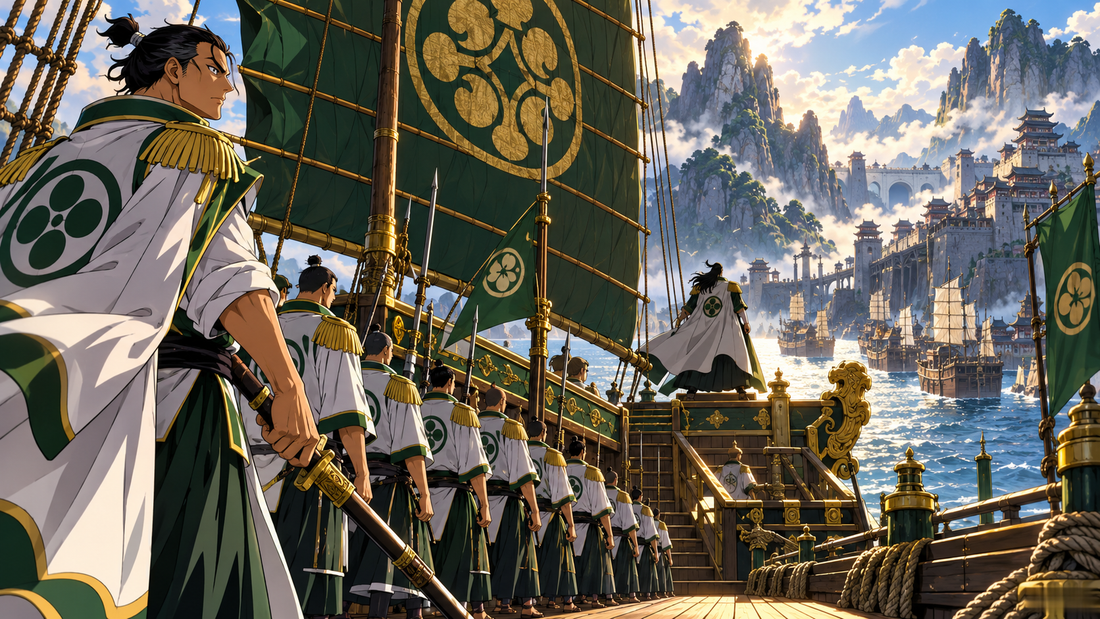 Happo Navy martial artists sailing aboard a traditional junk ship
