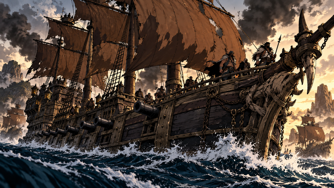 Earth-toned pirate ship under smoky skies for the Brownbeard Pirates