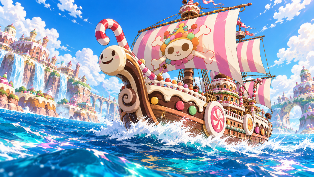 Whimsical candy-colored pirate ship sailing over sparkling water for the Candy Pirates