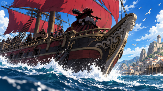 Crimson-sailed pirate ship speeding over blue water for the Alvida Pirates