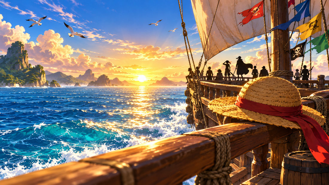 Straw Hat Pirates sailing into a golden sunrise
