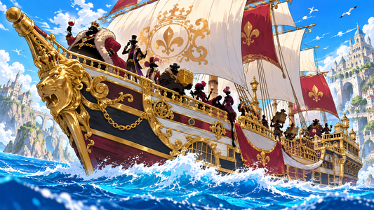 Ornate gold-trimmed pirate ship gliding over blue water for the Bourgeois Pirates