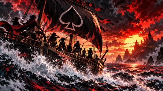 Pirate ship with black spade emblem charging through a storm