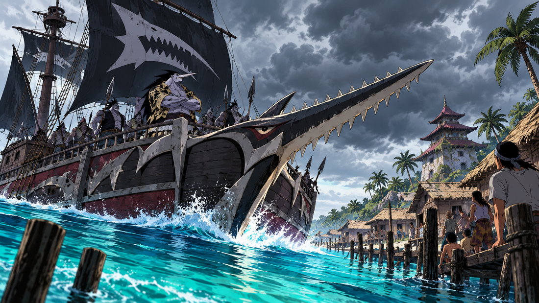 Sawfish-themed pirate ship near a tropical shore for the Arlong Pirates