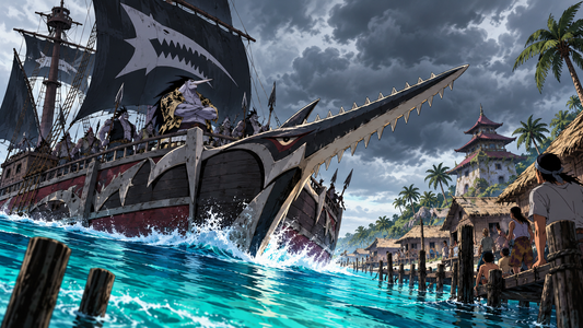 Sawfish-themed pirate ship near a tropical shore for the Arlong Pirates