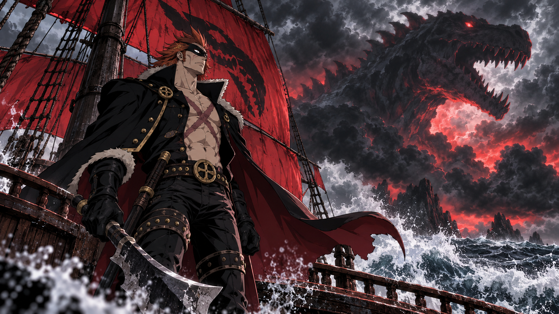 Drake Pirates captain and ship beneath a dinosaur-shaped storm cloud