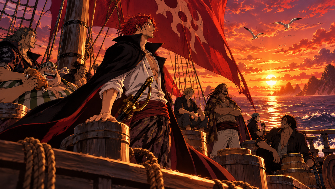 Red-sailed pirate ship and crew silhouettes at sunset for the Red Hair Pirates