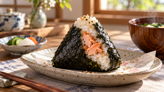 Homemade salmon onigiri with crisp nori and sesame