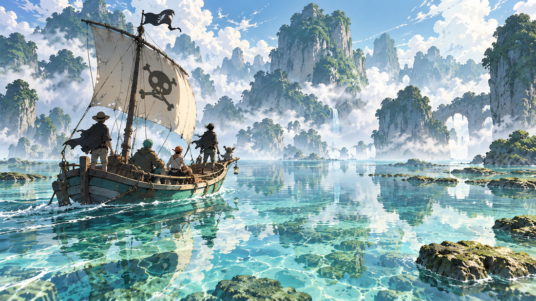 Small pirate boat on a misty mirrorlike sea for the Puddle Pirates