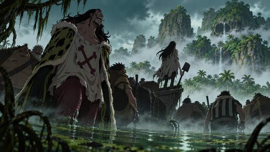 Caribou Pirates moving through a foggy tropical swamp