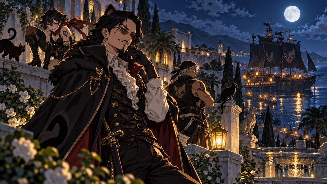 Black Cat Pirates captain and officers at a moonlit coastal estate