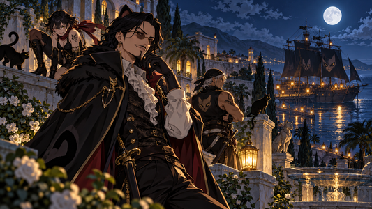 Black Cat Pirates captain and officers at a moonlit coastal estate