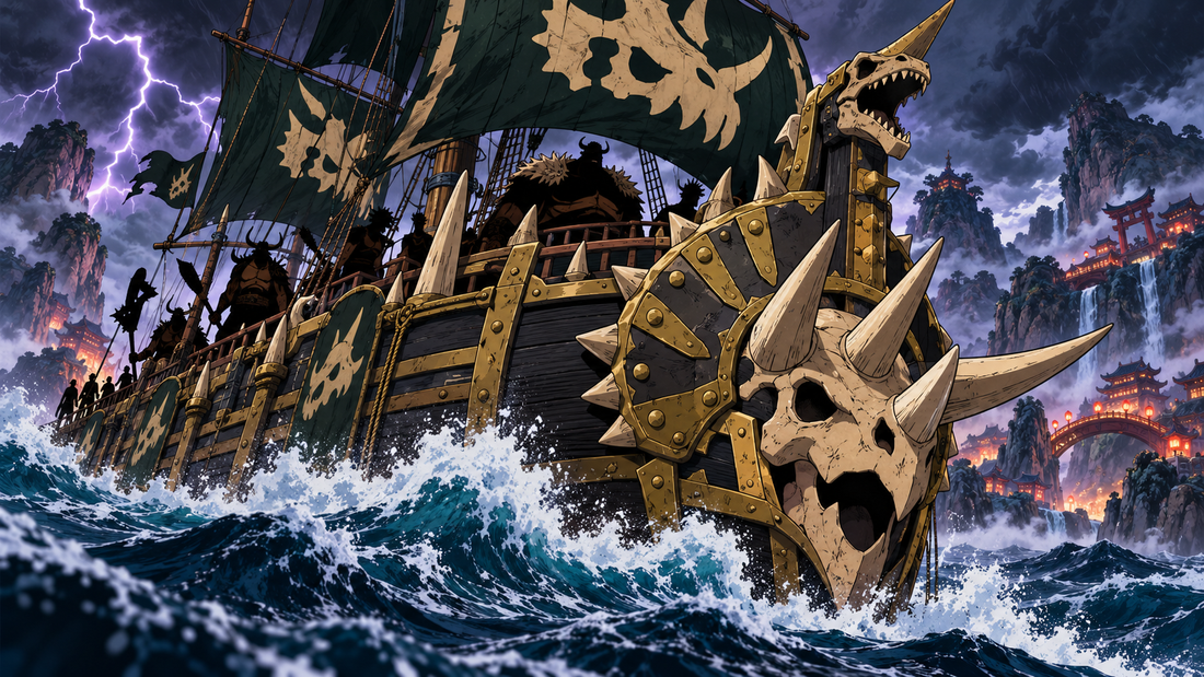 Armored dinosaur-themed ship at sea for the Sasaki Pirates