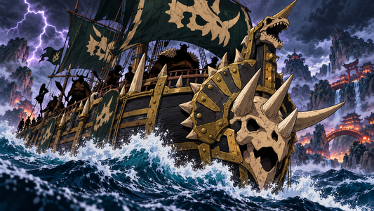 Armored dinosaur-themed ship at sea for the Sasaki Pirates