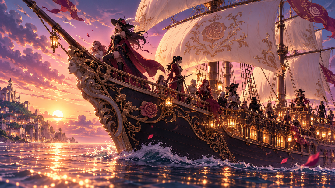 Ornate pirate ship gliding at twilight for the Beautiful Pirates