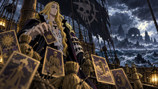 Hawkins Pirates captain reading tarot cards on a stormy sea