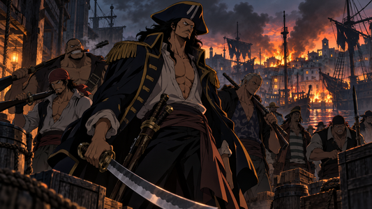 Bluejam Pirates captain and crew in a smoky port at dusk