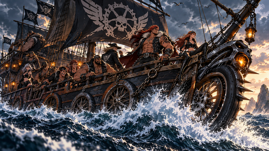 Manga-inspired pirate ship with wheel motifs charging across waves for the Biking Pirates
