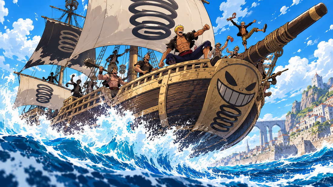 Spring-themed pirate ship leaping above waves for the Bellamy Pirates