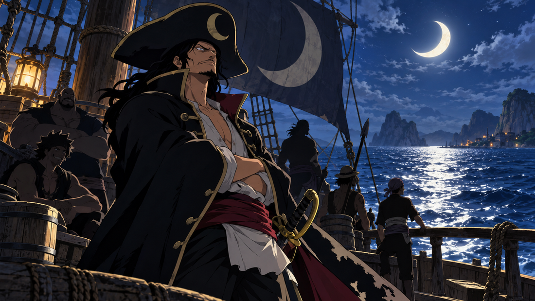 Crescent Moon Gally and his crew aboard a moonlit pirate ship