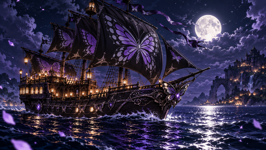 Moonlit pirate ship with butterfly-patterned sails for the Night Butterfly Pirates