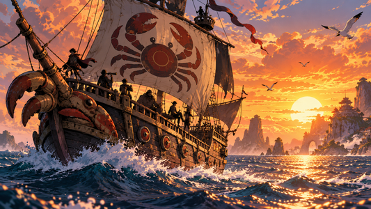 Original pirate vessel and crew silhouettes at sunset for the Macro Pirates article