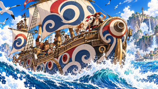 Playful pirate ship banking through sea spray for the Rolling Pirates