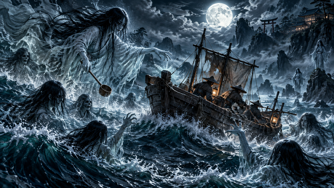 Funayūrei ghostly boat spirits surrounding a fishing vessel on a moonlit Japanese sea