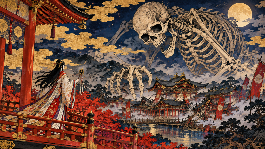 Giant skeleton spectre looms above Princess Takiyasha and the ruined Soma palace