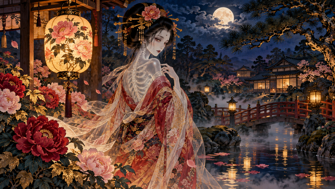 A spectral woman in kimono appears beside a glowing peony lantern in a moonlit garden