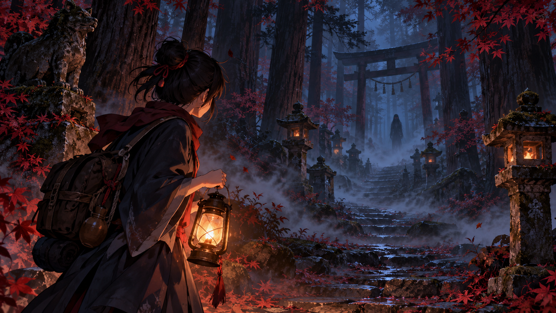 Original traveler faces a shadow in a misty shrine forest