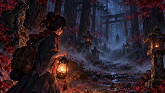 Original traveler faces a shadow in a misty shrine forest