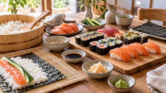 Homemade maki and nigiri arranged with sushi rice and bamboo rolling mat
