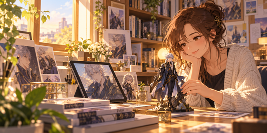 An adult fan admires an original fictional male character collectible in a sunny hobby room.