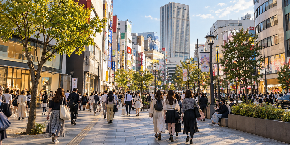 Shoppers walk along a tree-lined Tokyo shopping avenue beneath commercial buildings and a tall tower.