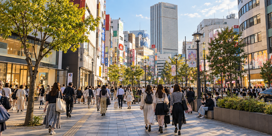 Shoppers walk along a tree-lined Tokyo shopping avenue beneath commercial buildings and a tall tower.