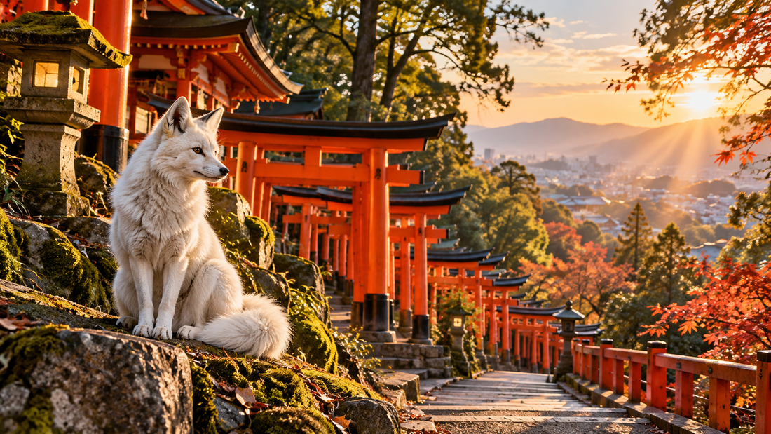 White fox beside a vermilion torii path at sunrise