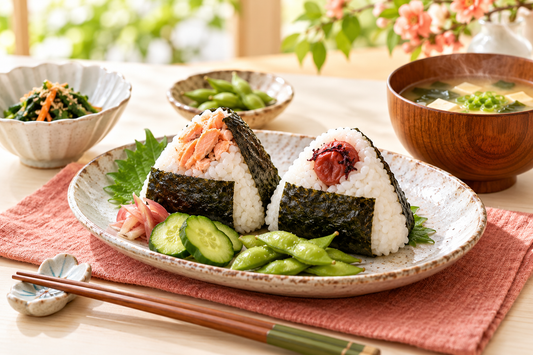 Onigiri served with salmon, umeboshi, vegetables and miso soup