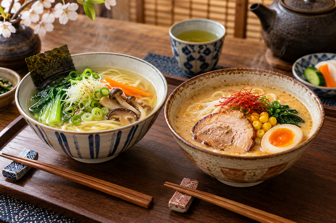 Two ramen bowls showing different broth styles and toppings
