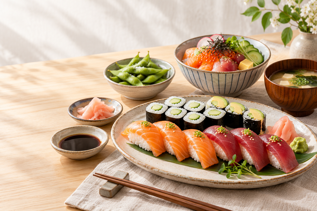 A colorful sushi meal with nigiri, vegetable maki, chirashi, edamame and soup