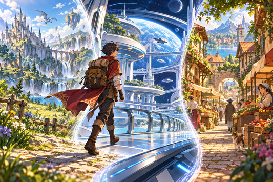 A traveler steps from a modern Japanese train platform through a glowing portal into a vast fantasy world of floating islands and castles.