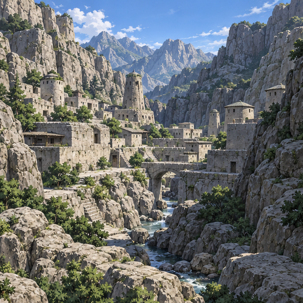Remote Ishigakure stone village tucked into a rocky valley