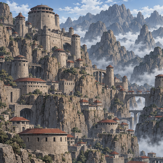 Iwagakure Hidden Stone village built among rocky mountain cliffs