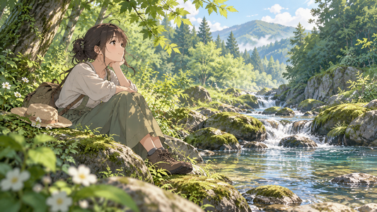 Original traveler rests beside a quiet forest stream