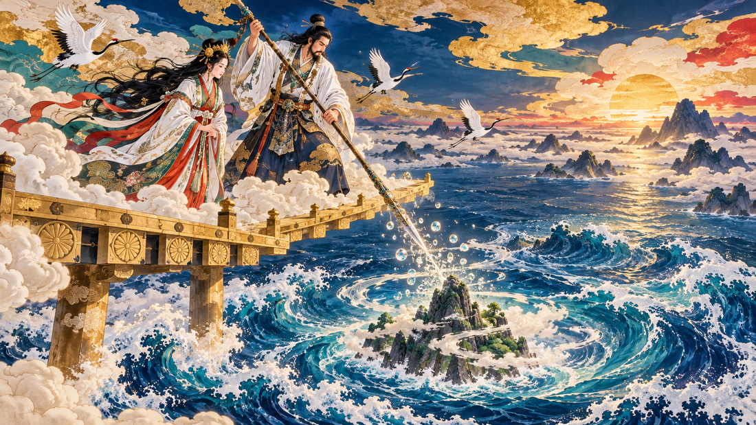 Izanagi and Izanami form Onogoro Island with the jeweled spear