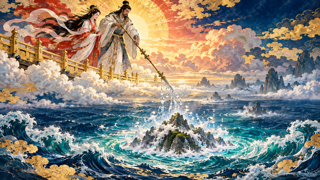 Izanami and Izanagi create Onogoro Island from the primordial sea