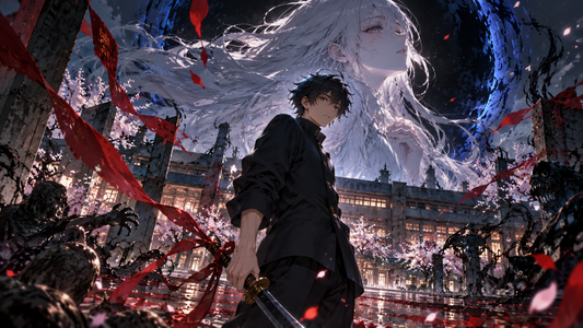 Original anime artwork of a young sorcerer and spectral guardian over a moonlit Tokyo school